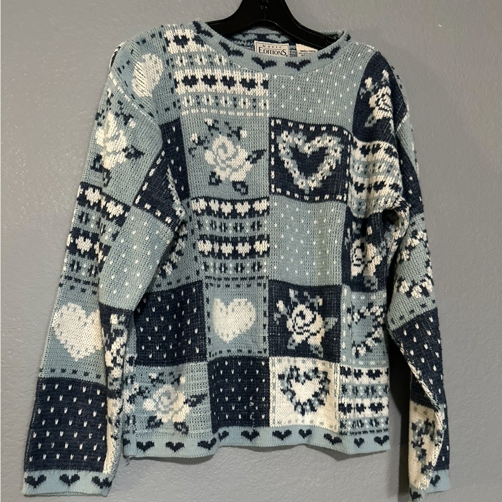 VINTAGE BASIC EDITIONS PATCHWORK SWEATER HEARTS/R… - image 1